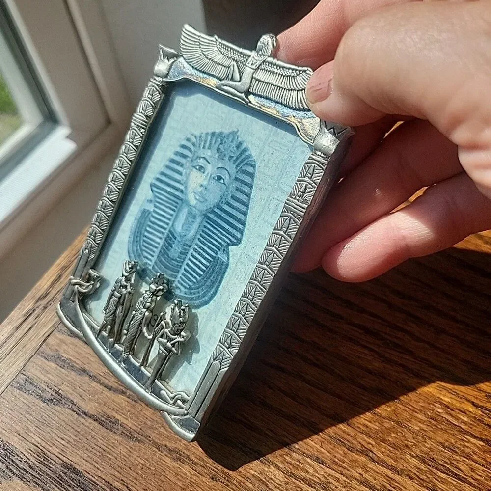 Vtg Egyptian Art Deco miniature photo frame Gods Hieroglyphs Silver 2.5x3.5